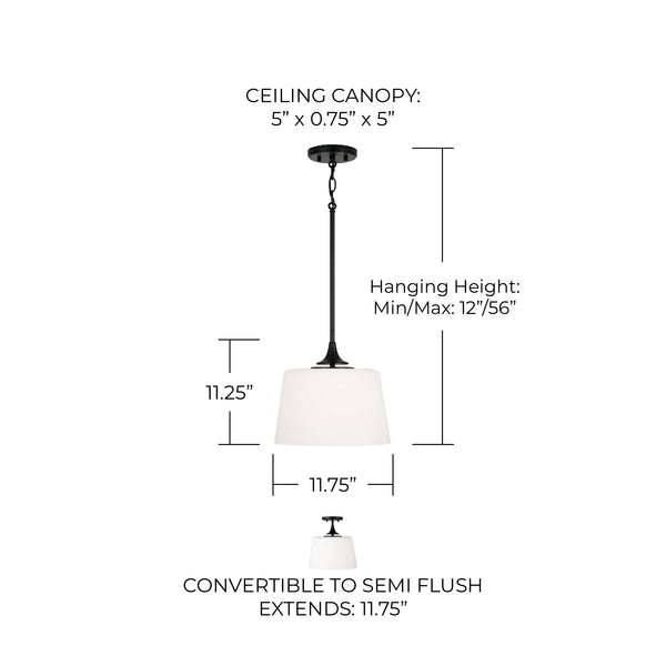 Andie 11.75" One Light Dual Mount Semi Flush/Pendant, Matte Black