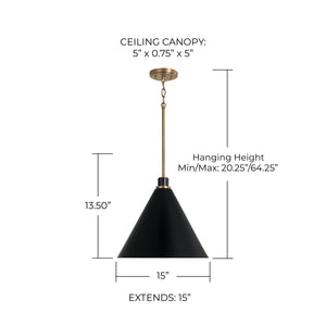 Collyn 15" One Light Pendant, Aged Brass and Black