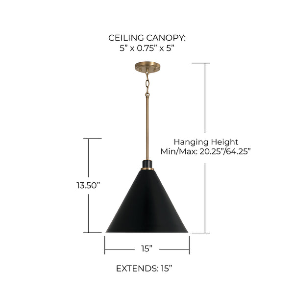Collyn 15" One Light Pendant, Aged Brass and Black