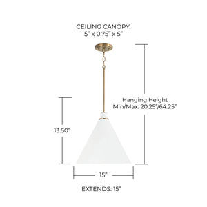 Collyn 15" One Light Pendant, Aged Brass and White