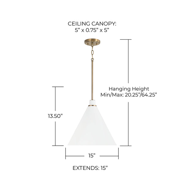 Collyn 15" One Light Pendant, Aged Brass and White