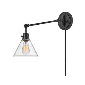 Relic 8" One Light Medium Swing Arm Sconce, Black / Clear Glass