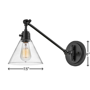 Relic 8" One Light Medium Swing Arm Sconce, Black / Clear Glass