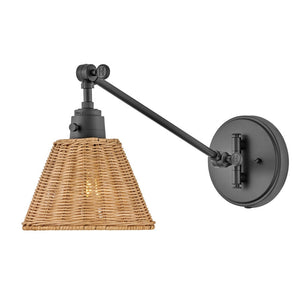 Relic 8" One Light Medium Swing Arm Sconce, Black / Light Natural Rattan Shade