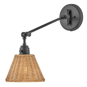 Relic 8" One Light Medium Swing Arm Sconce, Black / Light Natural Rattan Shade