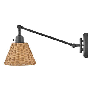 Relic 8" One Light Medium Swing Arm Sconce, Black / Light Natural Rattan Shade