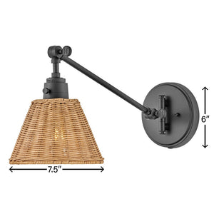 Relic 8" One Light Medium Swing Arm Sconce, Black / Light Natural Rattan Shade