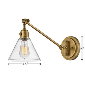Relic 8" One Light Medium Swing Arm Sconce, Heritage Brass / Clear Glass