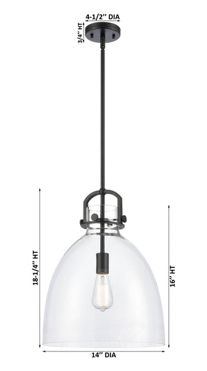 Foundry Glass Cloche 14" One Light Pendant, Matte Black / Clear Glass