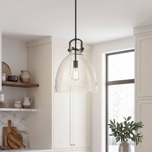 Foundry Glass Cloche 14" One Light Pendant, Matte Black / Clear Glass