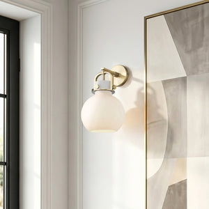 Foundry Glass Globe 8" One Light Sconce, Brushed Brass / White Glass
