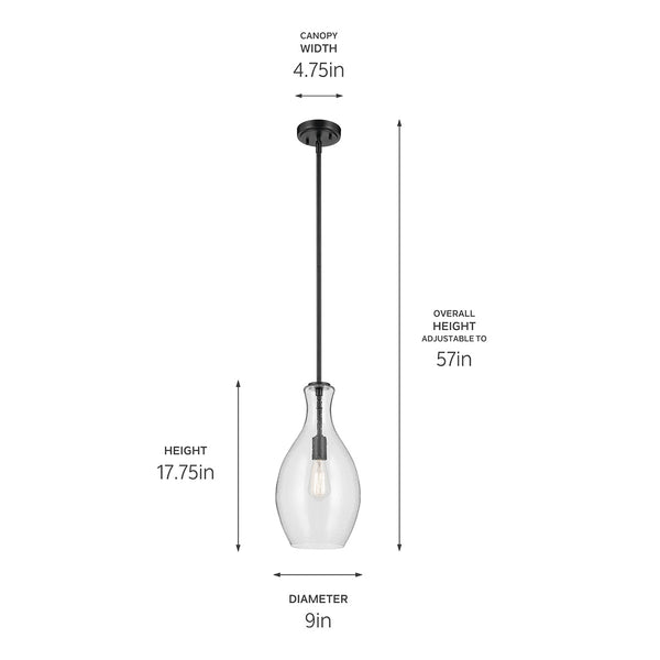 Vance 9" One Light Pendant, Clear Seeded Glass / Black