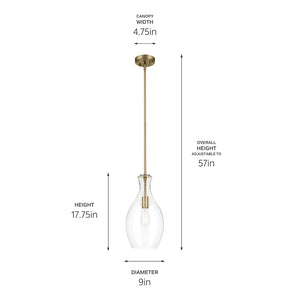 Vance 9" One Light Pendant, Clear Seeded Glass / Natural Brass