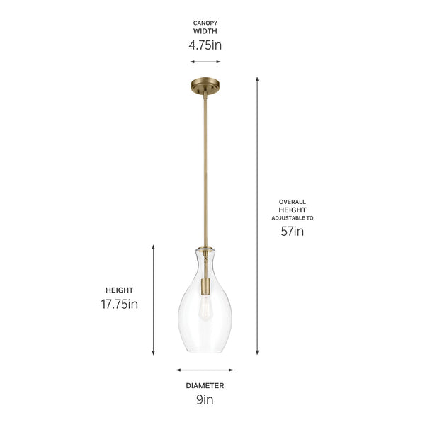 Vance 9" One Light Pendant, Clear Seeded Glass / Natural Brass