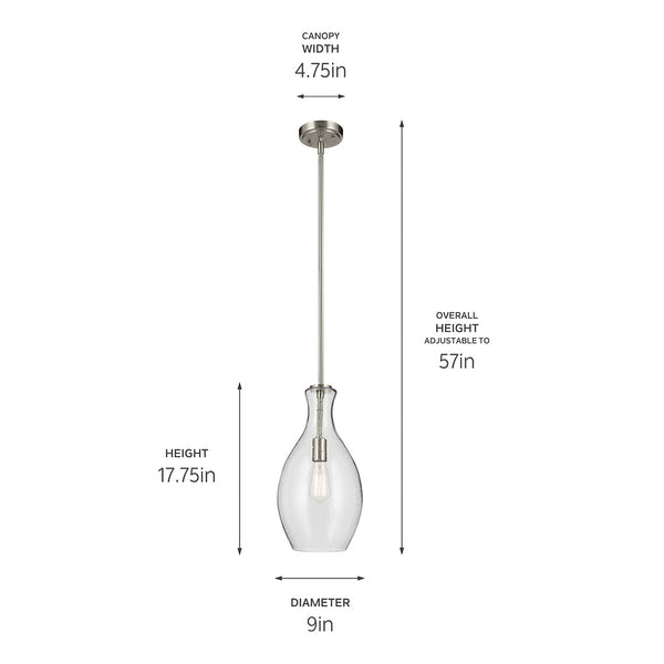 Vance 9" One Light Pendant, Clear Seeded Glass / Brushed Nickel
