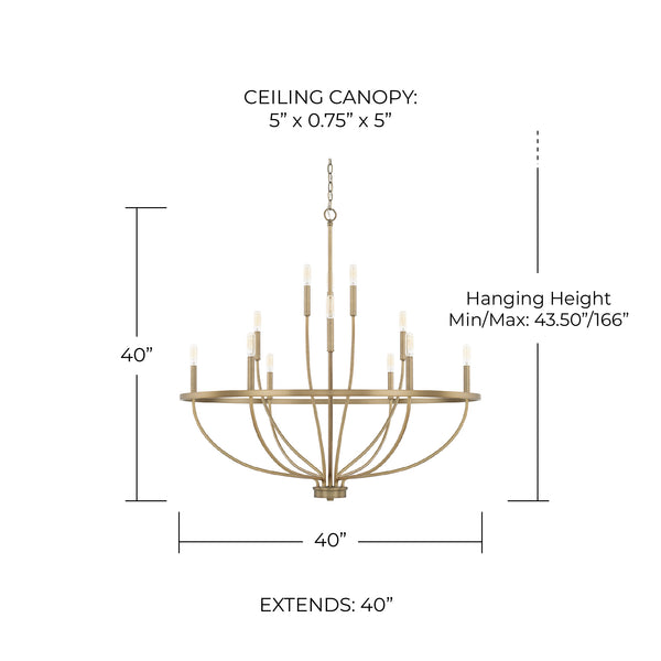Adelaide 40" 12 Light Chandelier, Aged Brass