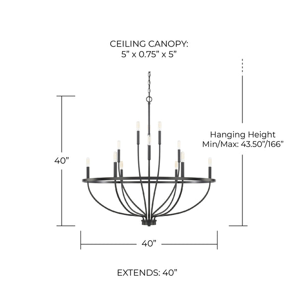 Adelaide 40" 12 Light Chandelier, Matte Black