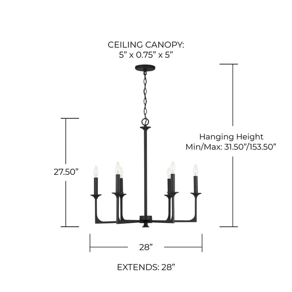 Odell 28" Six Light Chandelier, Black Iron