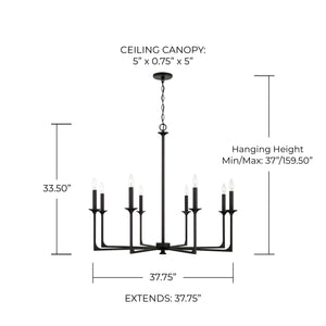 Odell 37.75" Eight Light Chandelier, Black Iron