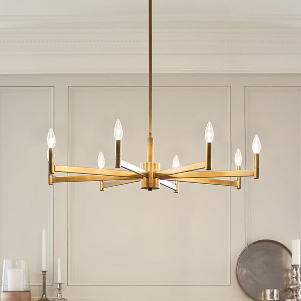 Dhane 35" Eight Lights Chandelier, Natural Brass