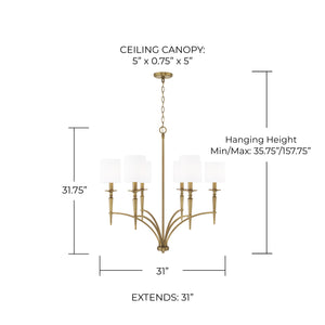 Aurora 31" Six Light Chandelier, Aged Brass
