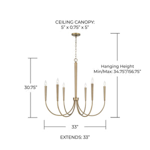 Evelin 33" Six Light Chandelier, Aged Brass