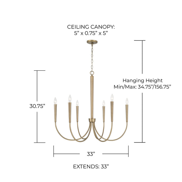 Evelin 33" Six Light Chandelier, Aged Brass