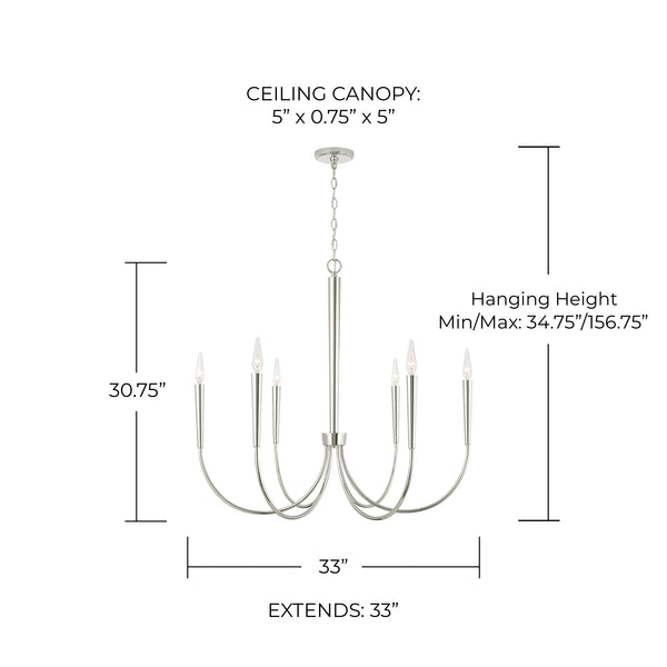 Evelin 33" Six Light Chandelier, Polished Nickel