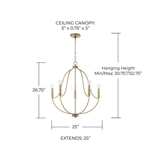 Kendal 25" Five Light Chandelier, Aged Brass