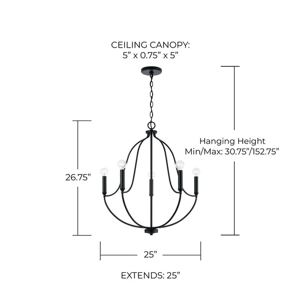 Kendal 25" Five Light Chandelier, Matte Black