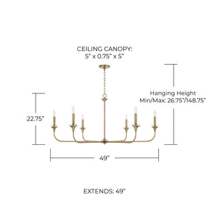 Andie 49" Six Light Chandelier, Aged Brass