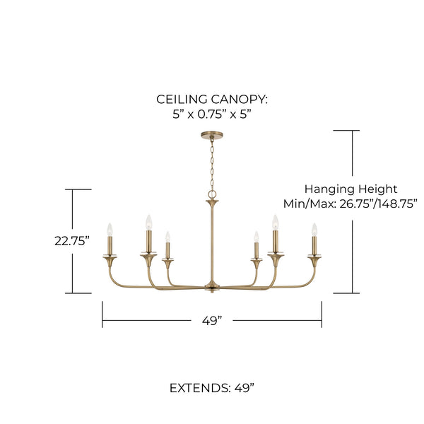 Andie 49" Six Light Chandelier, Aged Brass
