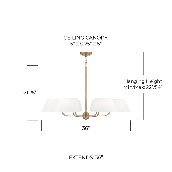 Charley 36" Six Light Chandelier, Aged Brass