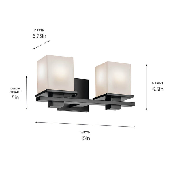 Baxter 15" Two Lights Vanity Light, Satin Etched Cased Opal Glass / Black