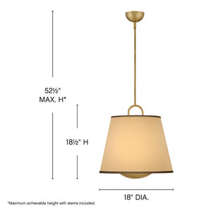 Gauge 18" Three Lights Large Pendant, Lacquered Brass / Light Beige Fabric Shade