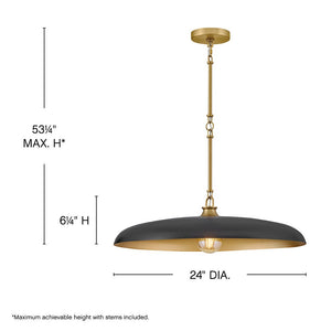 Hush 24" One Light Medium Dome Chandelier, Lacquered Brass / Black Accents