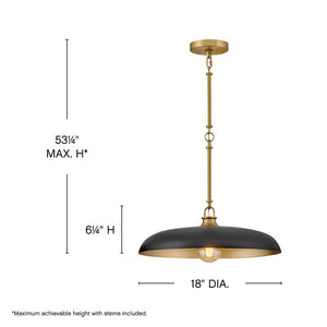 Hush 18" One Light Medium Dome Pendant, Lacquered Brass / Black Accents