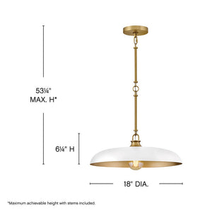 Hush 18" One Light Medium Dome Pendant, Lacquered Brass / Chalk White Accents