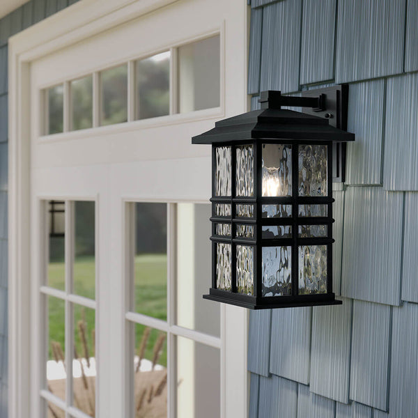 Lake Port Square 17" One Light Outdoor Wall Light, Clear Hammered Glass / Textured Black
