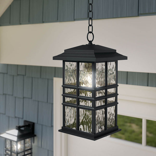 Lake Port Square 9" One Light Outdoor Hanging Light, Clear Hammered Glass / Textured Black