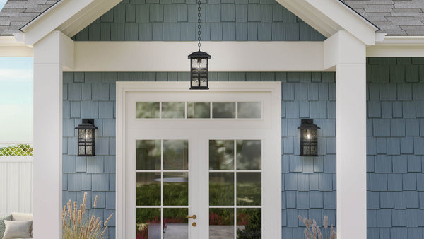 Lake Port Square 9" One Light Outdoor Hanging Light, Clear Hammered Glass / Textured Black