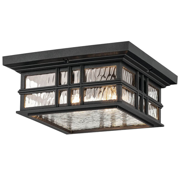 Lake Port Square 12" Two Lights Outdoor Ceiling Light, Clear Hammered Glass / Textured Black