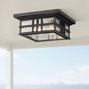 Lake Port Square 12" Two Lights Outdoor Ceiling Light, Clear Hammered Glass / Textured Black