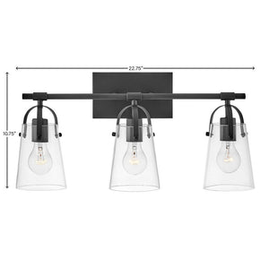 Asterism 23" Three Lights Medium Vanity, Black / Clear Glass