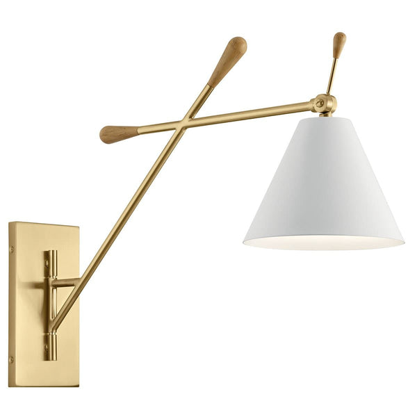 Harlan 20" 1 Light Wall Sconce, White Shade Champagne Gold and Natural Maple