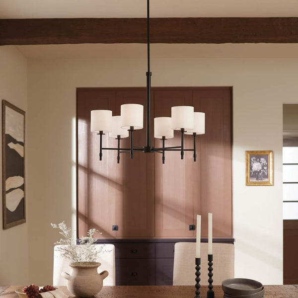 Janie 28" Six Lights Chandelier, Black / Fabric Drum Shade