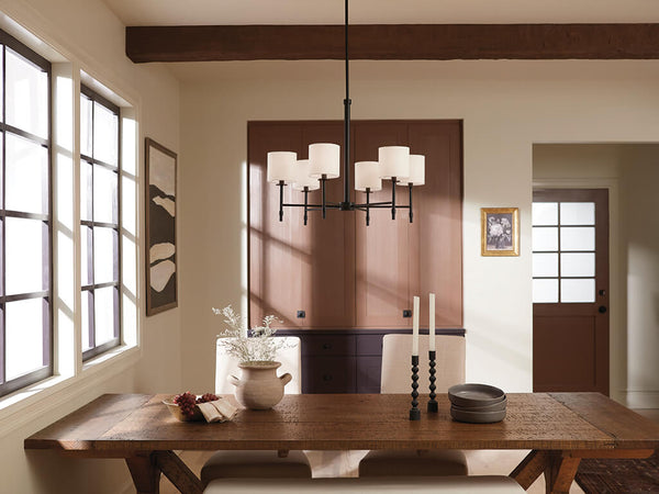 Janie 28" Six Lights Chandelier, Black / Fabric Drum Shade