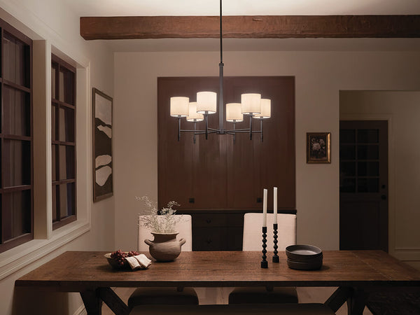 Janie 28" Six Lights Chandelier, Black / Fabric Drum Shade