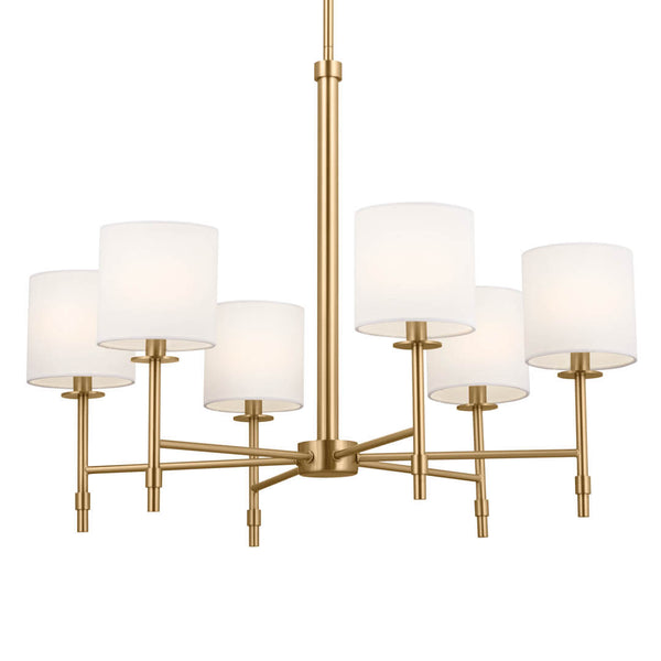 Janie 28" Six Lights Chandelier, Brushed Natural Brass / Fabric Drum Shade