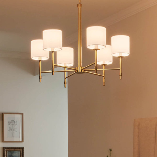 Janie 28" Six Lights Chandelier, Brushed Natural Brass / Fabric Drum Shade